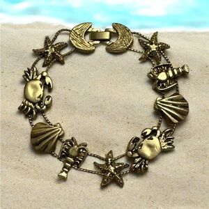Vintage TOFA Brushed Gold Nautical Sea Crab Lobster Starfish Slide Bracelet